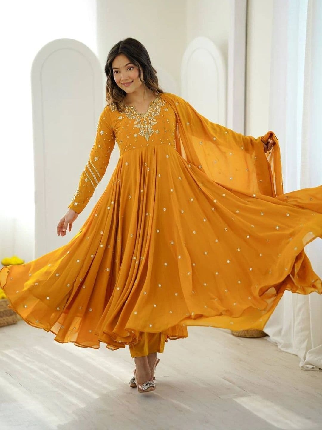 VastraBazaar Women Embroidered Empire Sequinned Silk Georgette Kurta with Trousers & With Dupatta - view 1