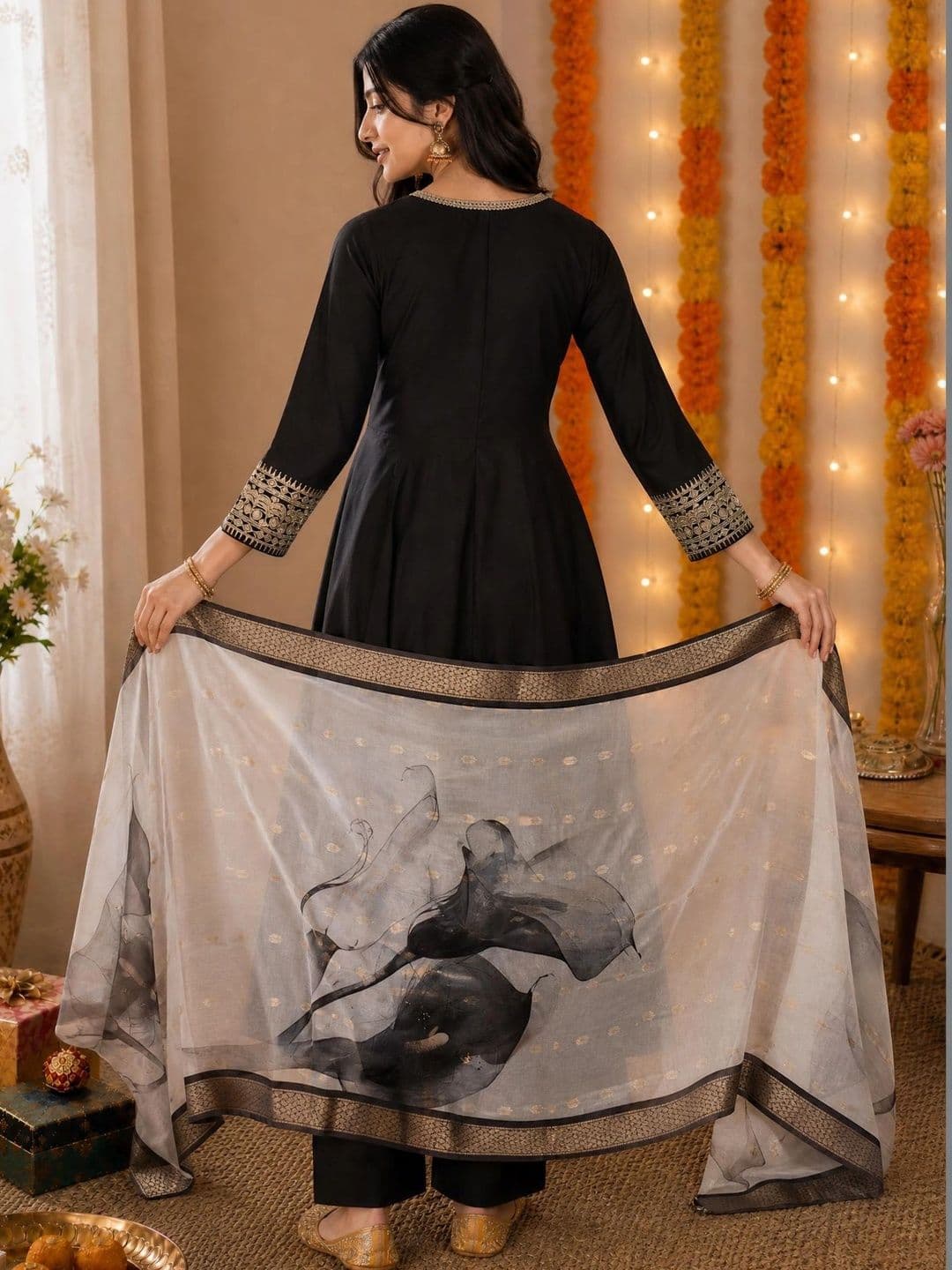 KALINI Women Ethnic Motifs Embroidered Regular Kurta with Trousers & With Dupatta thumbnail 2