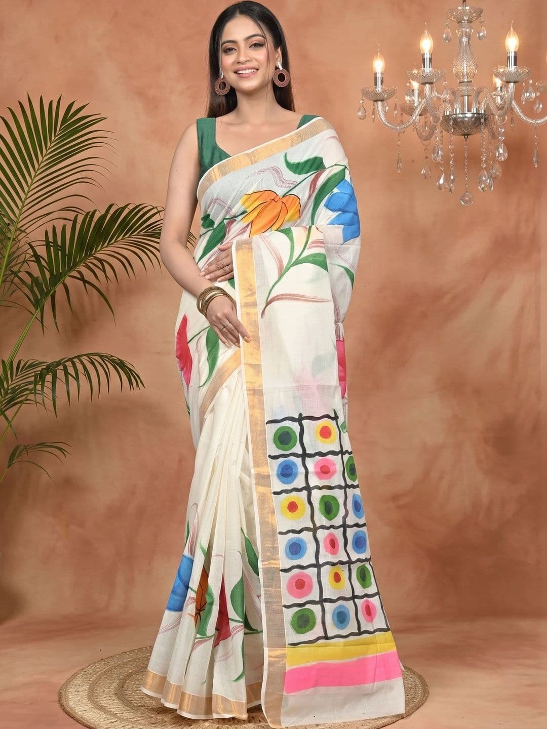 PuJoy Floral Sequinned Pure Cotton Handloom Taant Saree thumbnail 4