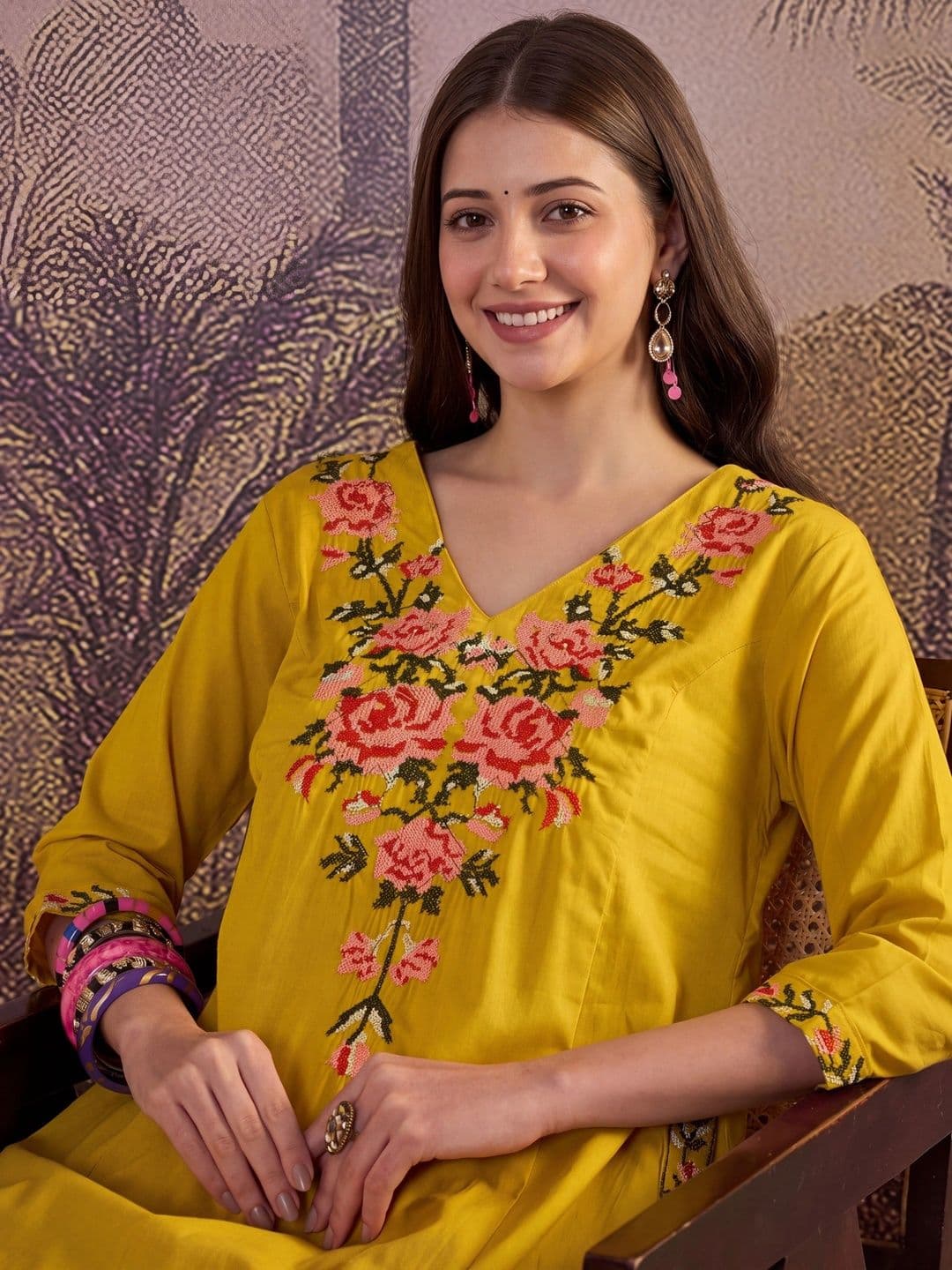 Shree Ramkrishna Fab Women Floral Embroidered Regular Thread Work Pure Cotton Kurta with Palazzos thumbnail 4