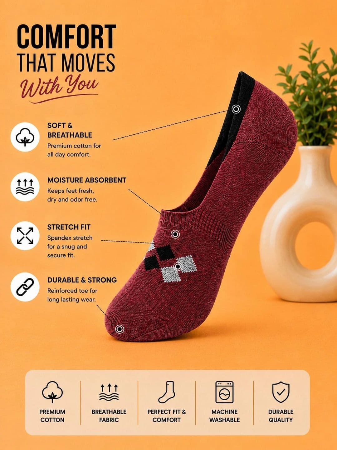 ADDOSSO Men Pack of 5 Cotton Assorted Patterned Shoe Liners Socks thumbnail 5