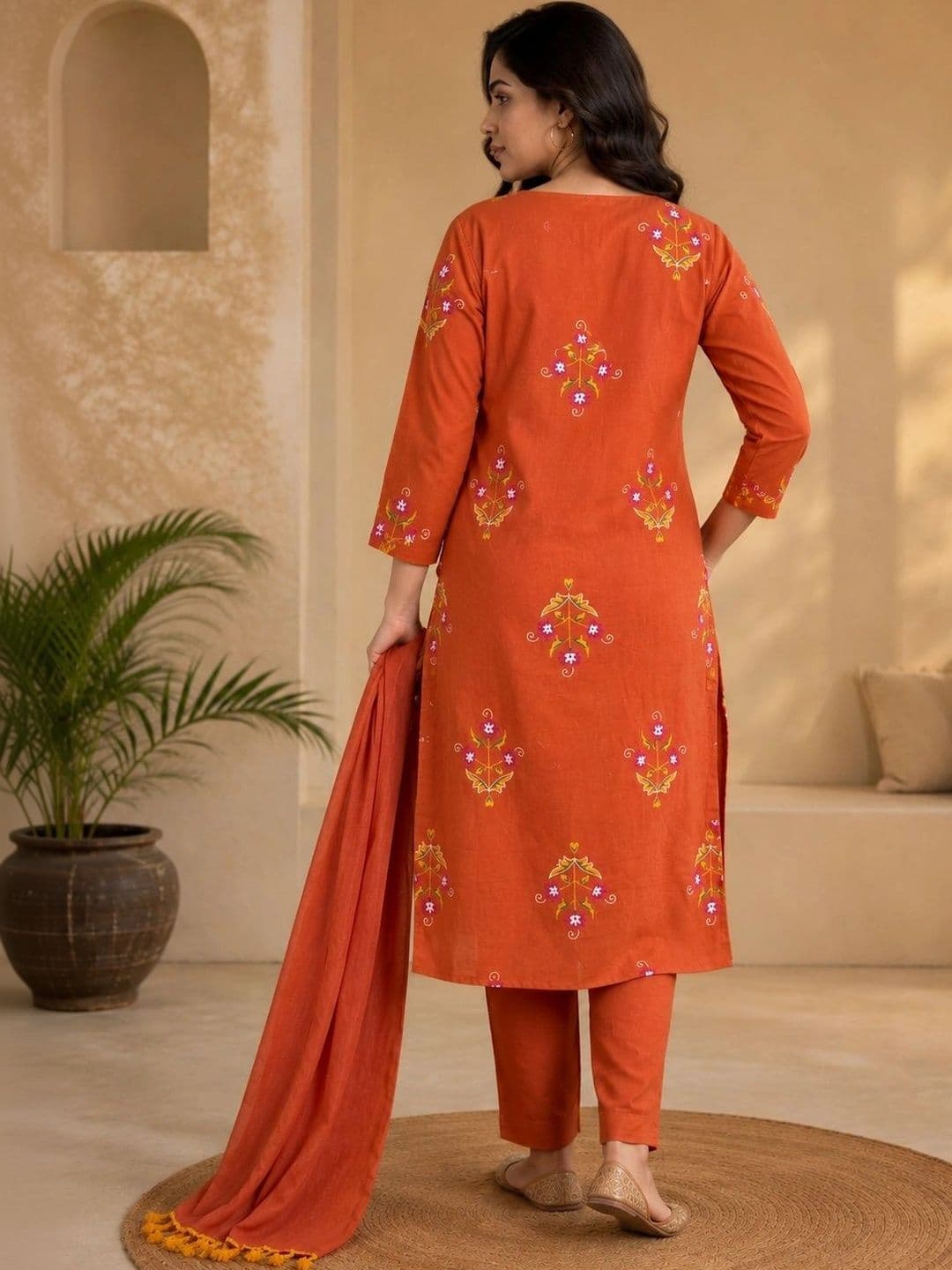 Siaraa Women Ethnic Motifs Embroidered Regular Thread Work Pure Cotton Kurta with Trousers & With Dupatta thumbnail 5