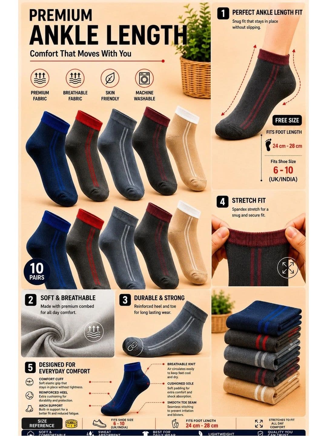 ADDOSSO Men Pack of 10 Cotton Assorted Striped Ankle Length Socks thumbnail 4