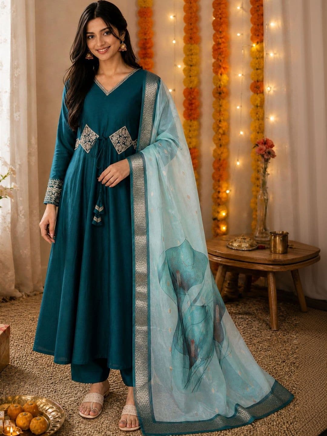 KALINI Women Ethnic Motifs Embroidered Empire Kurta with Trousers & With Dupatta - view 1