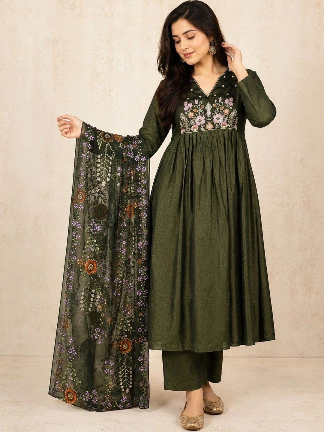 ZARVIKA Women Floral Embroidered Empire Thread Work Kurta with Trousers & With Dupatta - view 1