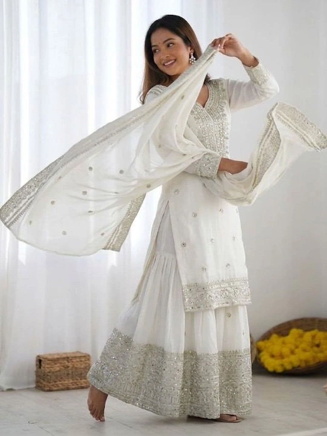 mudra creation Women Ethnic Motifs Regular Sequinned Kurta with Sharara & With Dupatta thumbnail 2