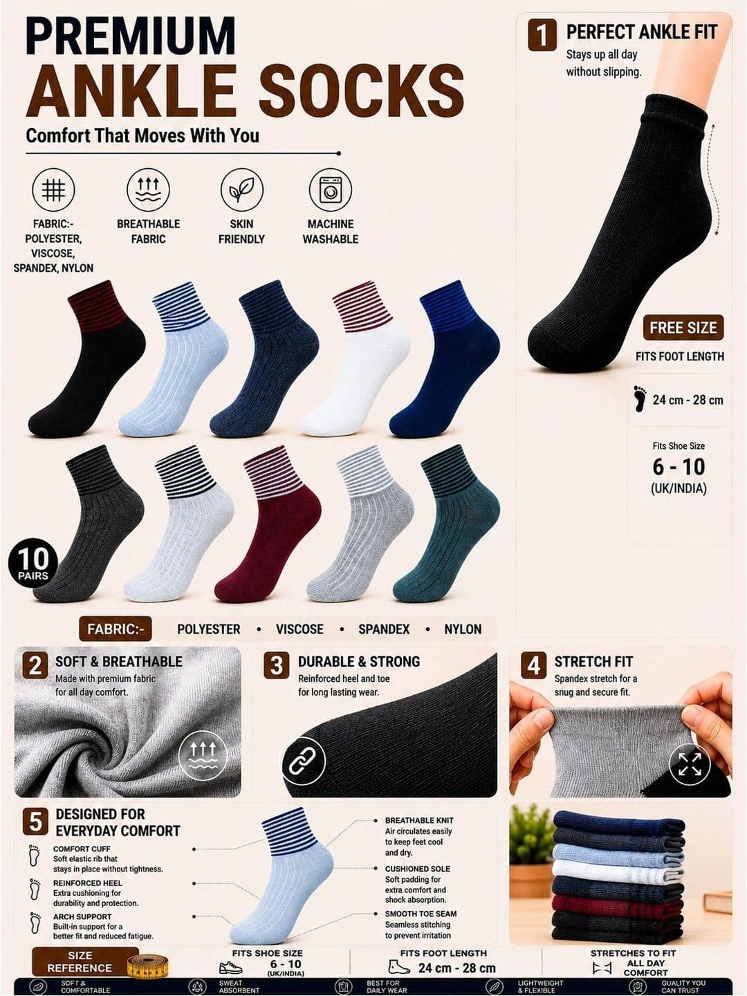ADDOSSO Men Pack of 10 Cotton Assorted Striped Ankle Length Socks thumbnail 5