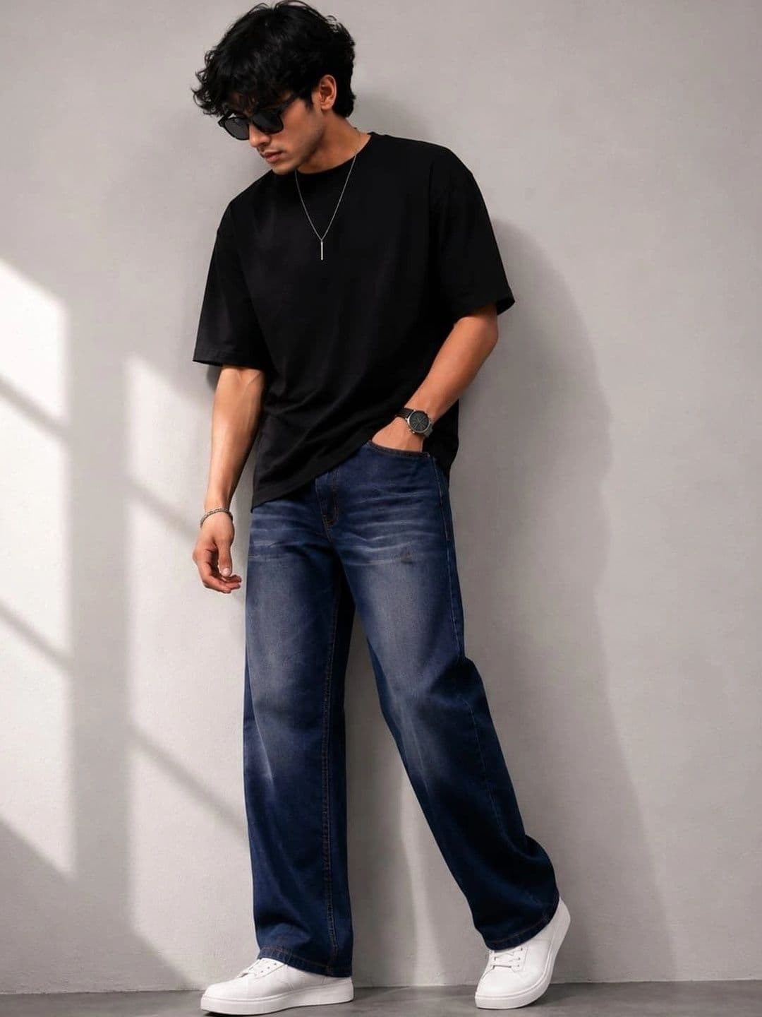 VK CULTURE Men Wide Leg Mid-Rise Low Distress Light Fade Jeans thumbnail 5