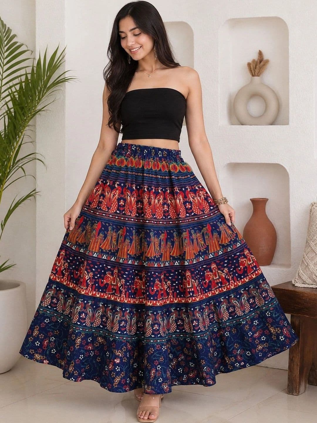 HIMCARE Women Cotton Cambric Textured Maxi Flared Skirt - view 1