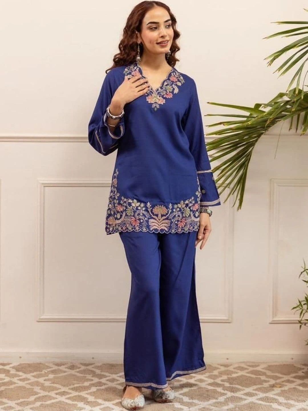 AurexWear Women Floral Embroidered Regular Thread Work Pure Cotton Kurti with Palazzos thumbnail 2