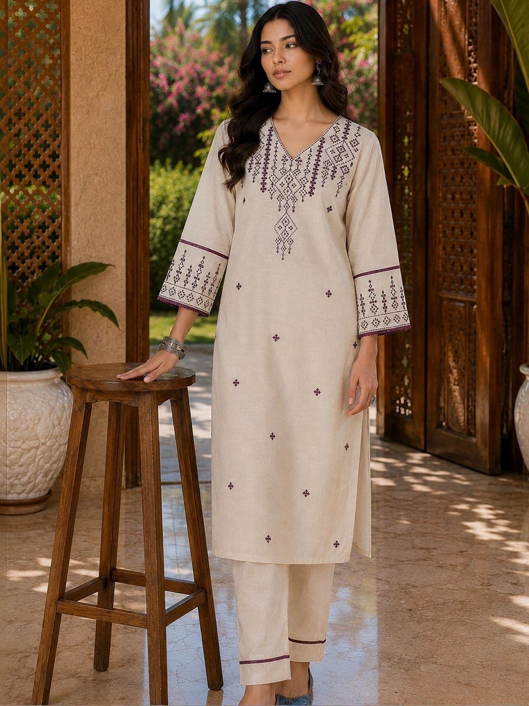 AVANSHEE Women  Embroidered Thread Work Pure Cotton Kurta with Trousers & With Dupatta thumbnail 2