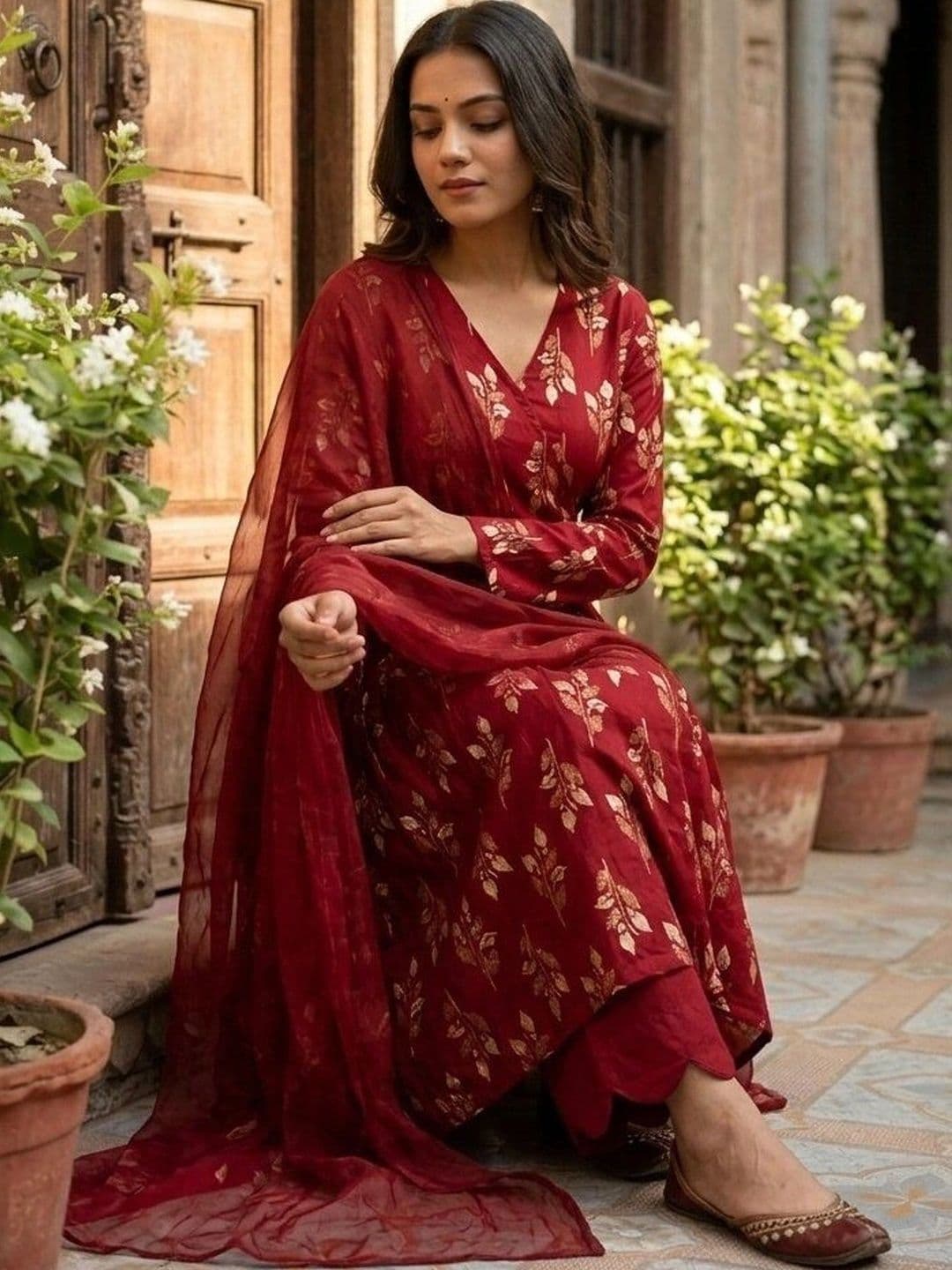Anouk Women Ethnic Motifs Printed Angrakha Pure Cotton Kurta with Palazzos & With Dupatta thumbnail 5
