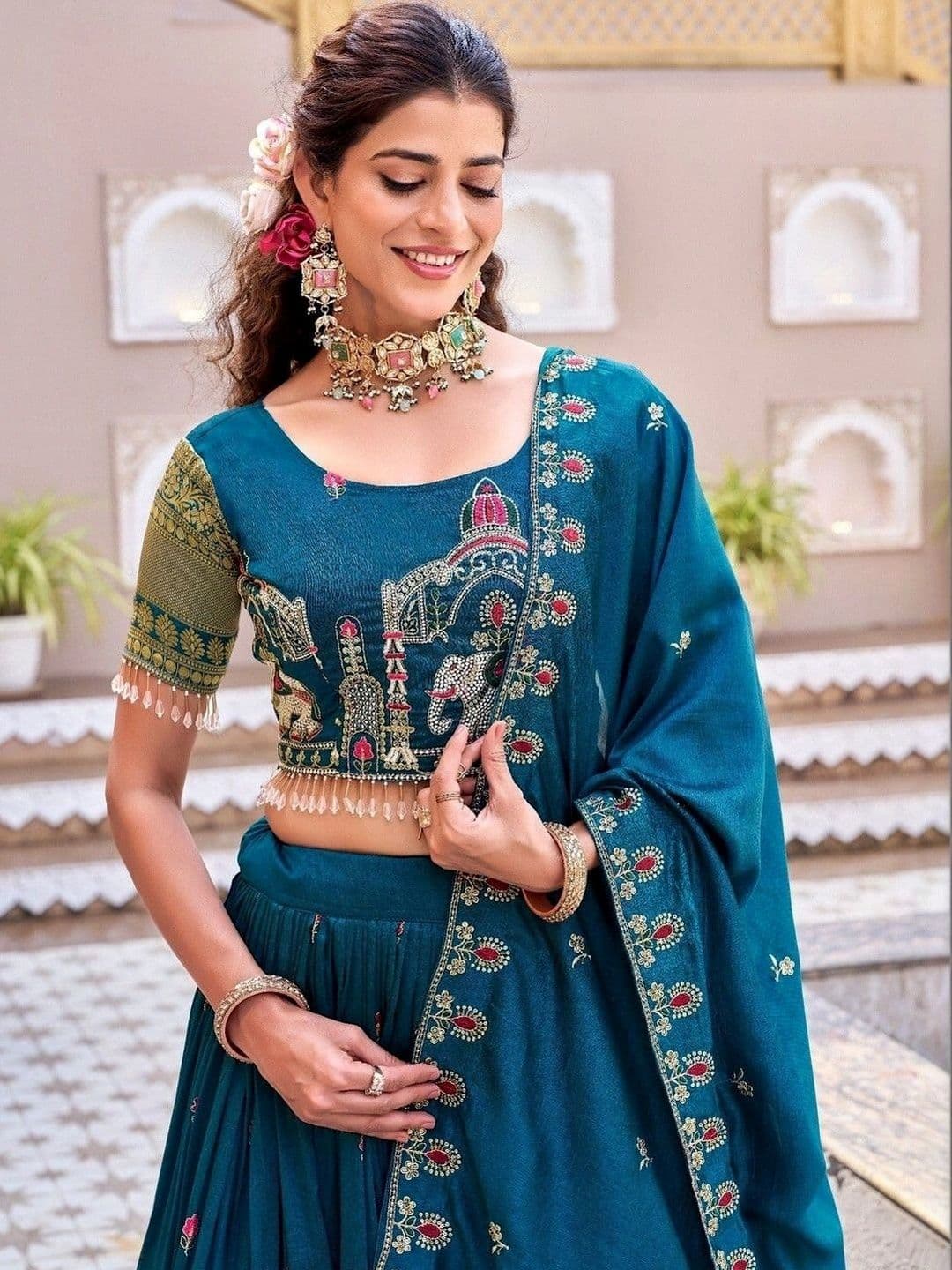 Shree Ram Creation Embroidered Thread Work Ready to Wear Lehenga & Blouse With Dupatta thumbnail 2