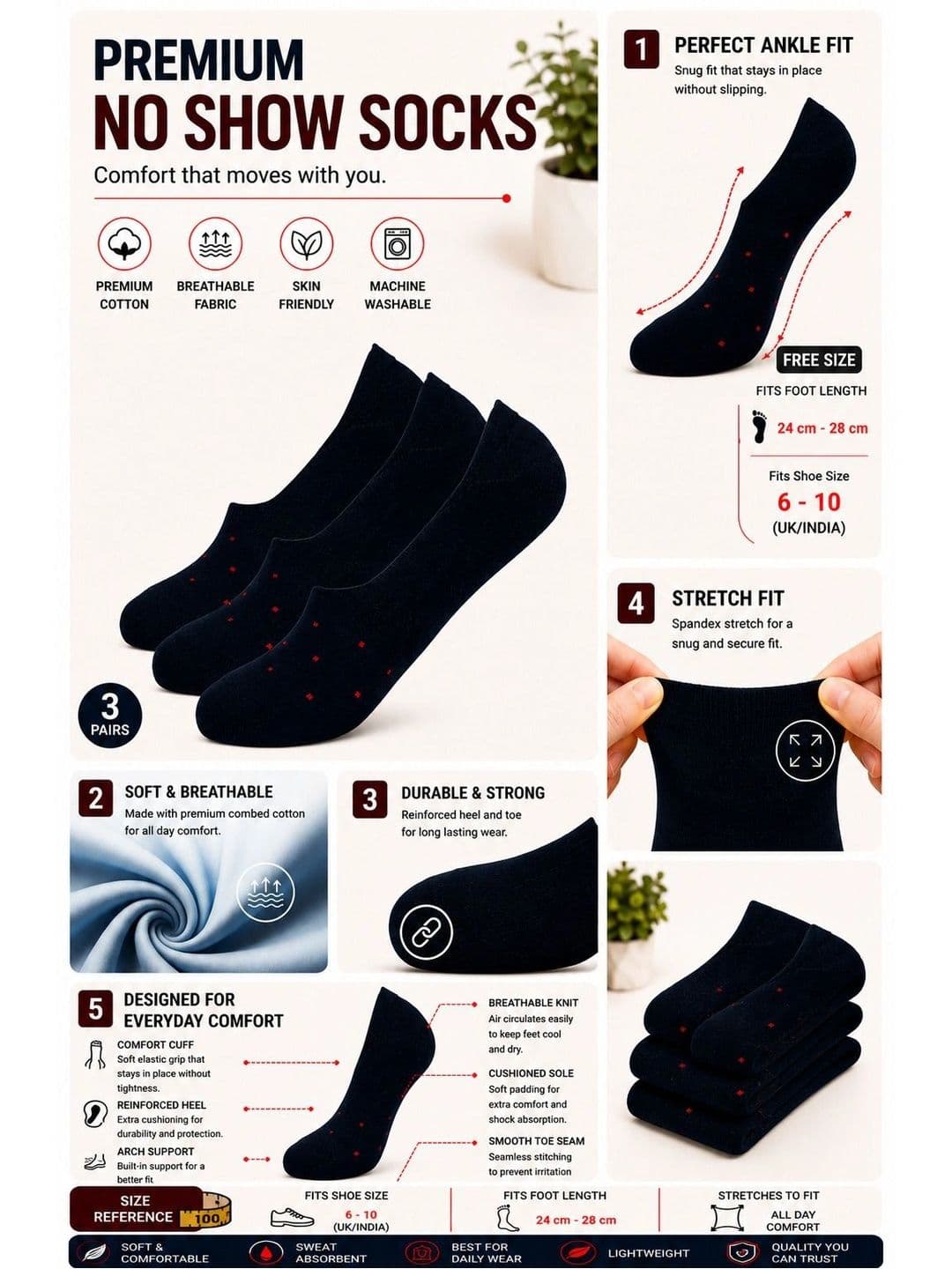 ADDOSSO Men Pack of 3 Cotton Assorted Patterned Shoe Liners Socks thumbnail 3