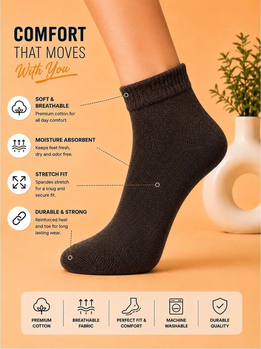 ADDOSSO Men Pack of 6 Cotton Assorted Ankle Length Socks thumbnail 4