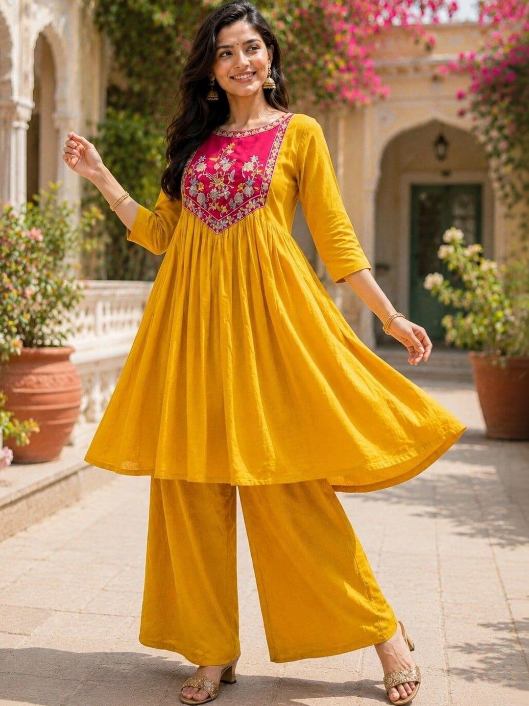 Hare Krishna enterprises Women Ethnic Motifs Embroidered Empire Thread Work Kurti with Palazzos - view 1