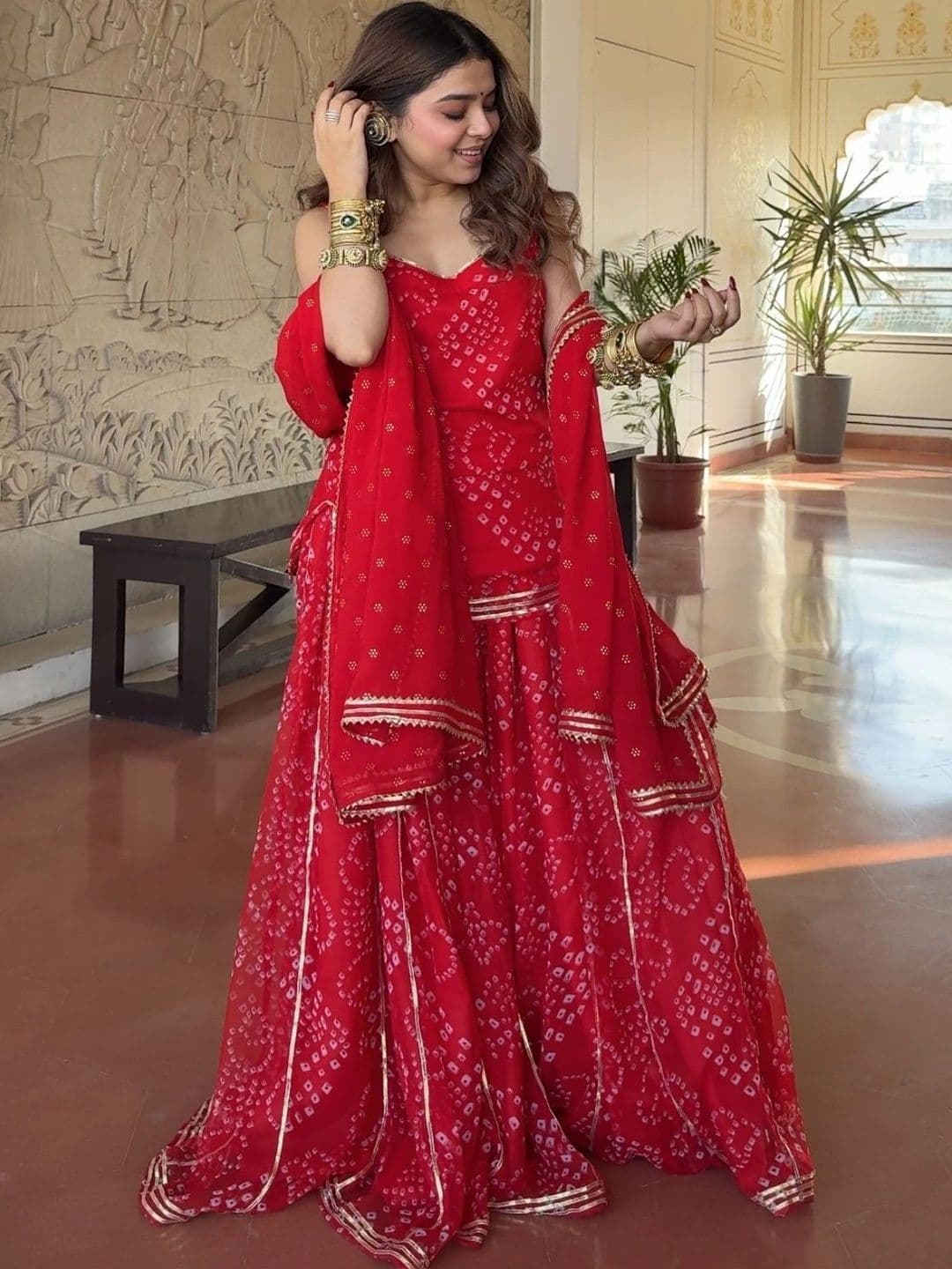 PEACH PIPER Women Bandhani Printed Regular Silk Georgette Kurti with Sharara & With Dupatta thumbnail 7