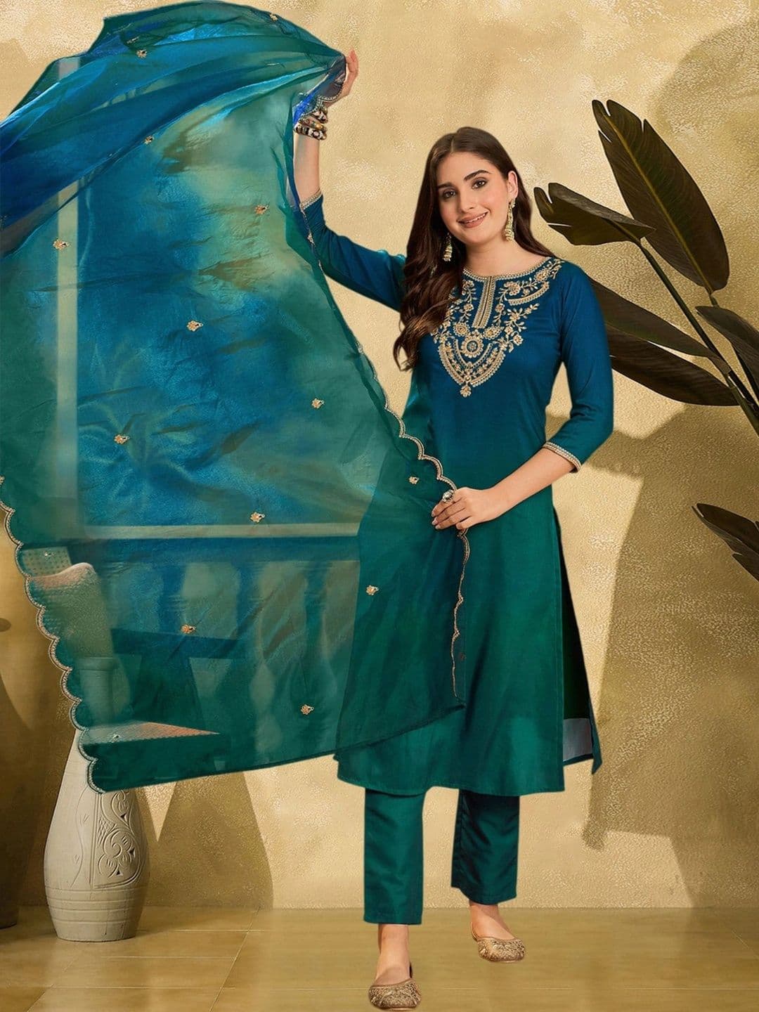 LeeliPeeri Designer Women Ethnic Motifs Embroidered Regular Thread Work Kurta with Trousers & With Dupatta thumbnail 2