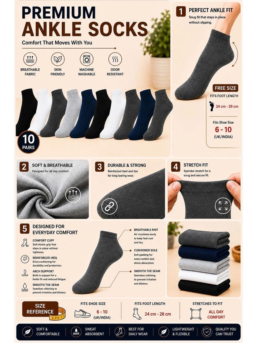ADDOSSO Men Pack of 10 Cotton Assorted Ankle Length Socks thumbnail 4