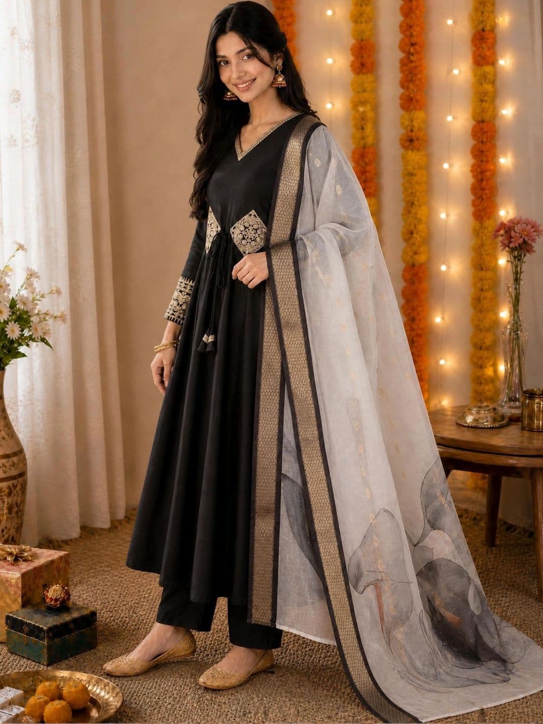 KALINI Women Ethnic Motifs Embroidered Regular Kurta with Trousers & With Dupatta thumbnail 4