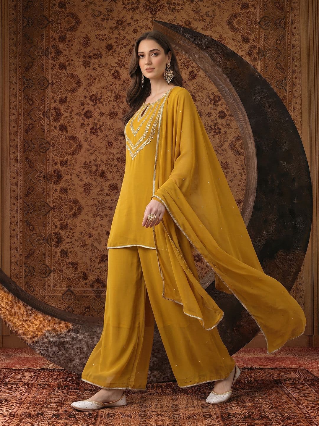 House of Pataudi Sequinned Embellished Jashn Kurta with Palazzos & Dupatta - view 1