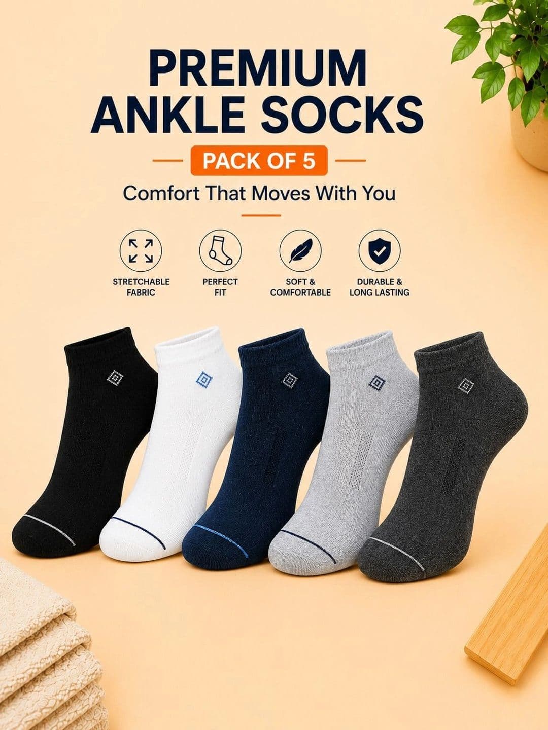 ADDOSSO Men Pack of 5 Cotton Assorted Ankle Length Socks thumbnail 5