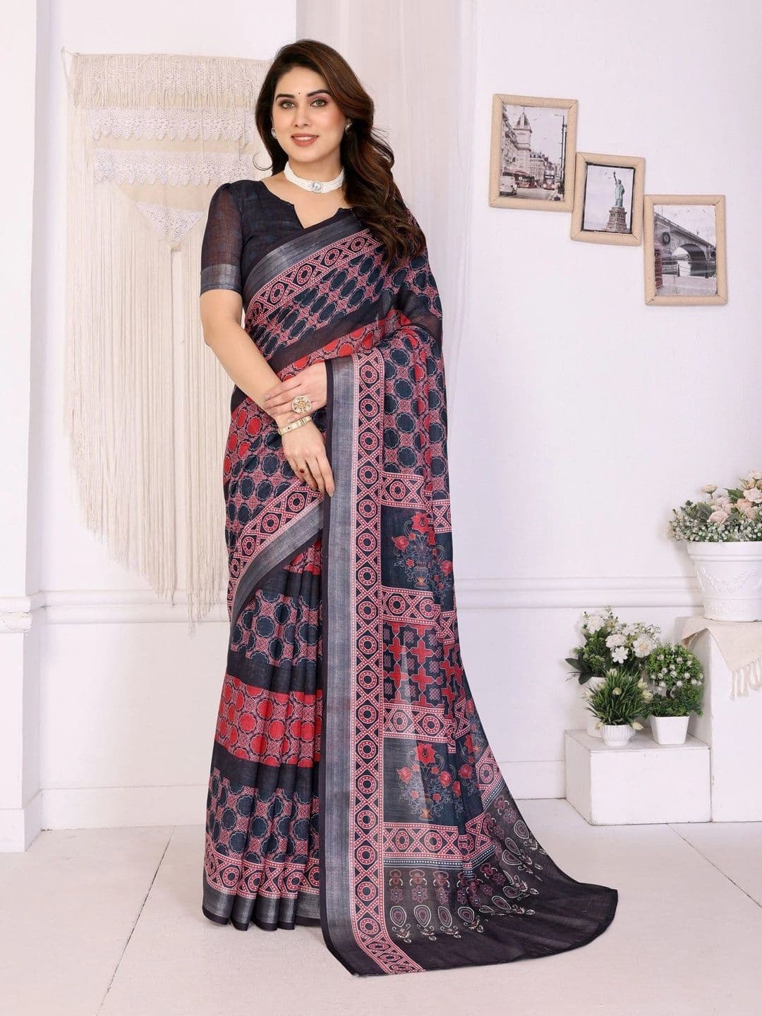VS MALL Floral Linen Blend Saree - view 1