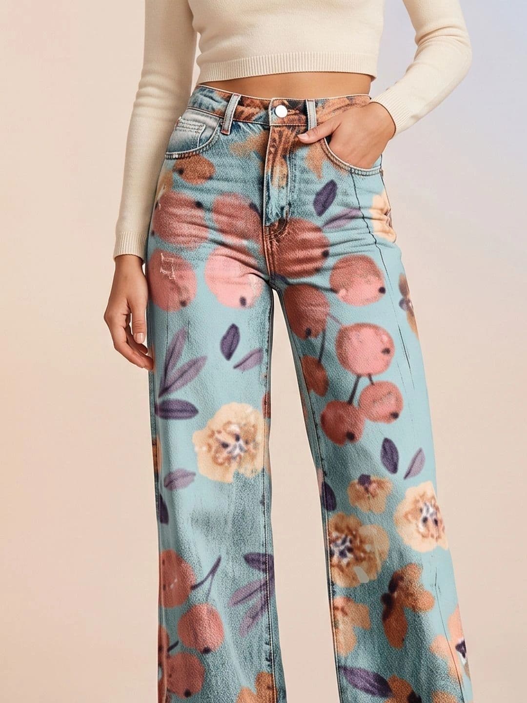 ATELIER REBEL Women Wide Leg Mid-Rise Light Fade Printed Jeans thumbnail 2