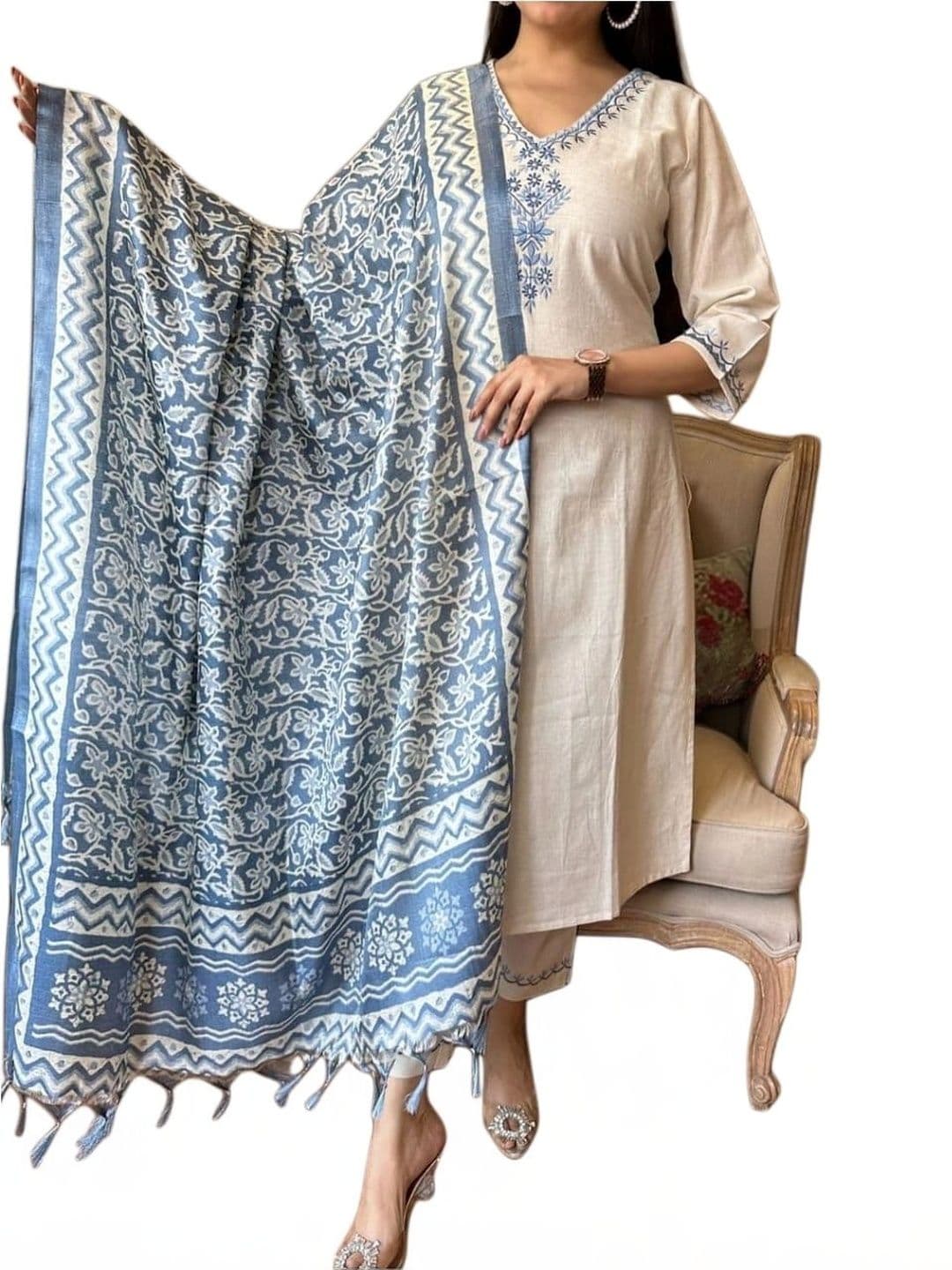 Urban India Women Ethnic Motifs Embroidered Regular Thread Work Pure Cotton Kurta with Trousers & With thumbnail 6