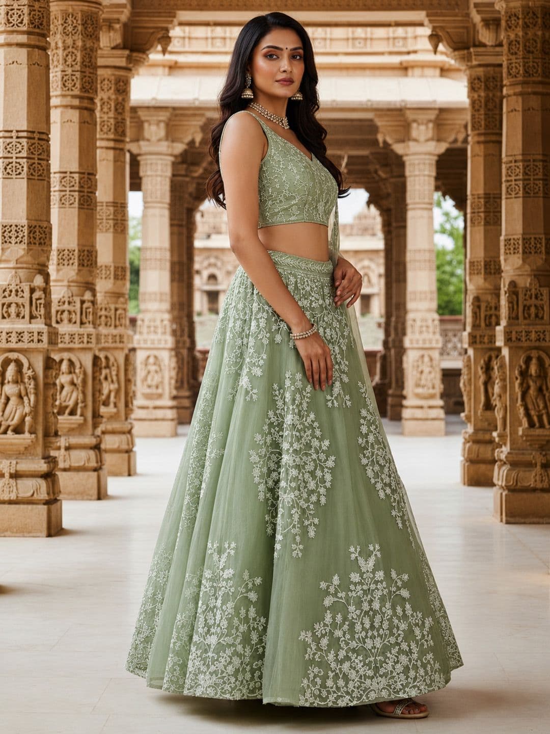 JIHU CULTURE Embroidered Thread Work Semi-Stitched Lehenga & Blouse With Dupatta thumbnail 3