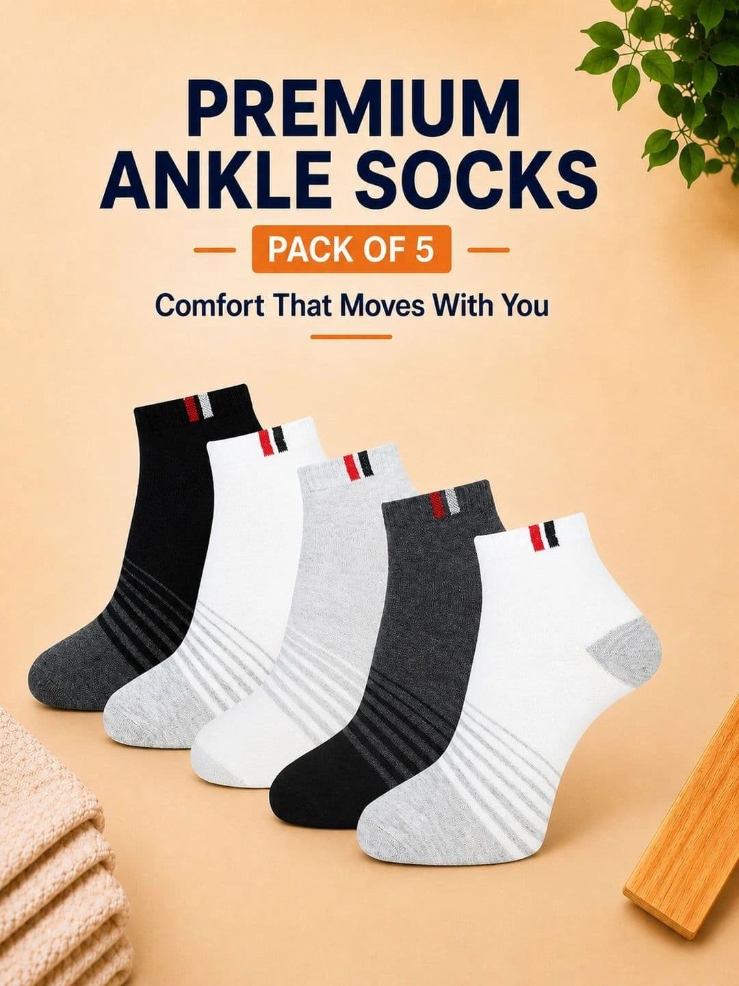 ADDOSSO Men Pack of 5 Cotton Assorted Striped Ankle Length Socks thumbnail 5