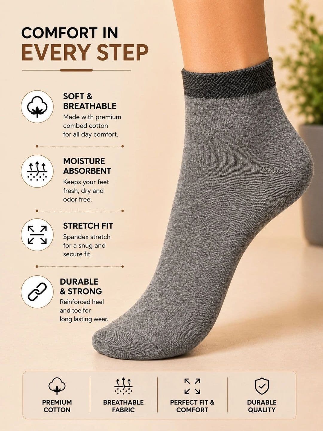 ADDOSSO Men Pack of 10 Cotton Assorted Ankle Length Socks thumbnail 3