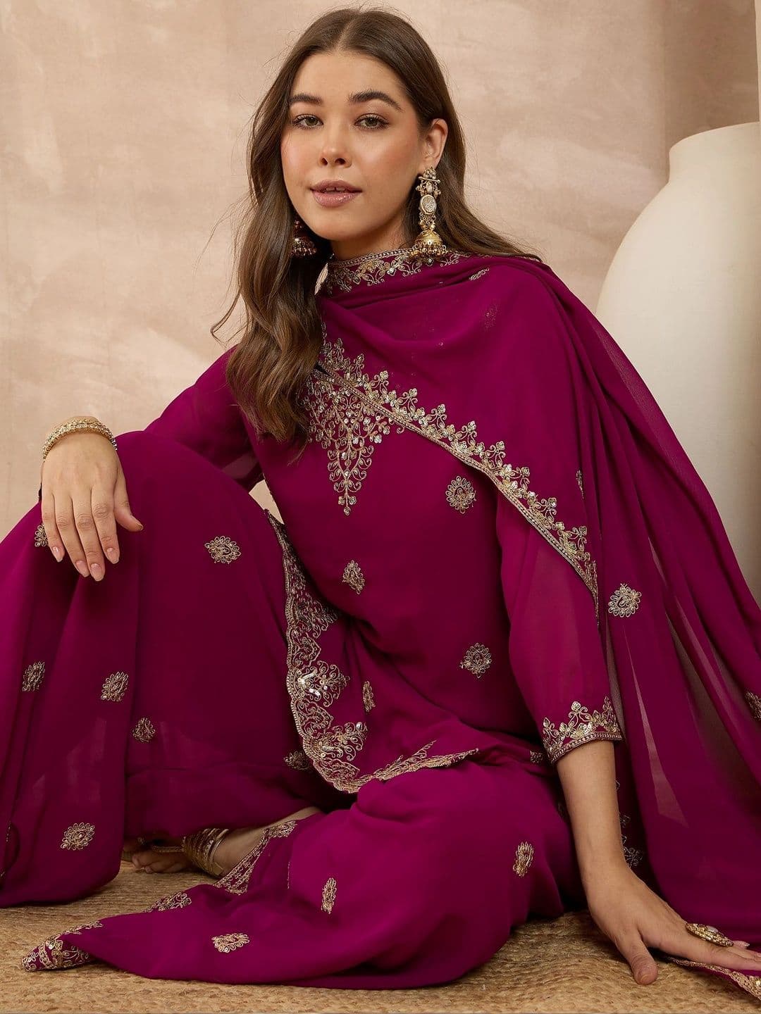 Anouk Women Ethnic Motifs Embroidered Regular Sequinned Kurta with Palazzos & With Dupatta thumbnail 4