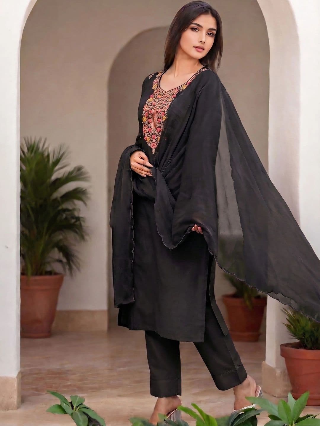 Sangria Women Ethnic Motifs Embroidered Regular Thread Work Kurta with Trousers & With Dupatta thumbnail 3