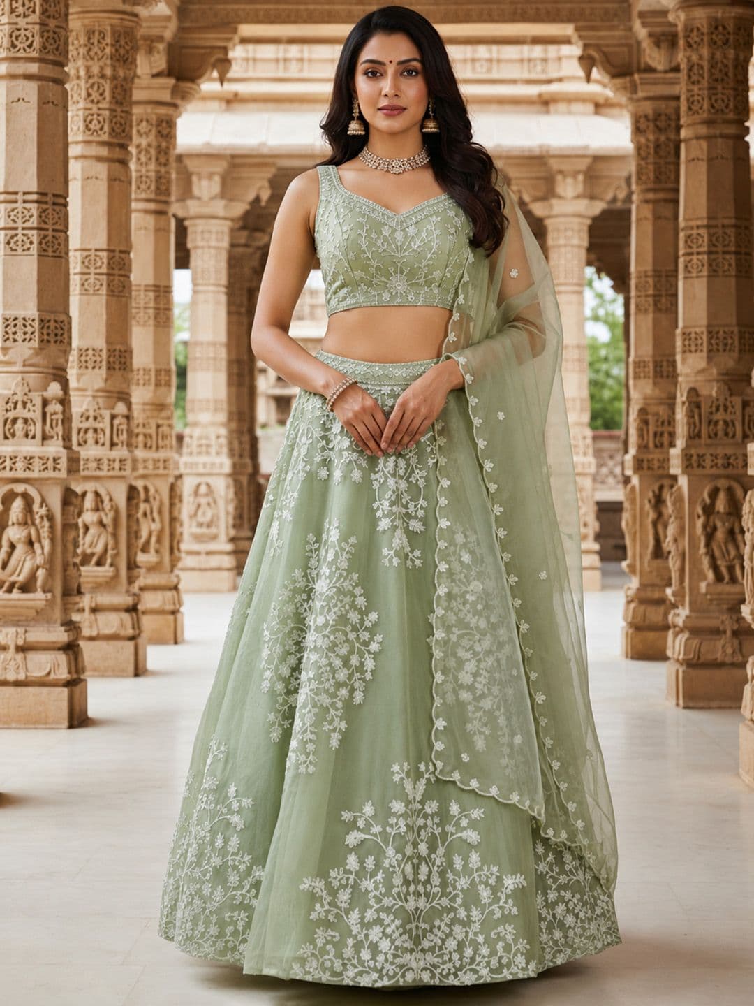 JIHU CULTURE Embroidered Thread Work Semi-Stitched Lehenga & Blouse With Dupatta - view 1