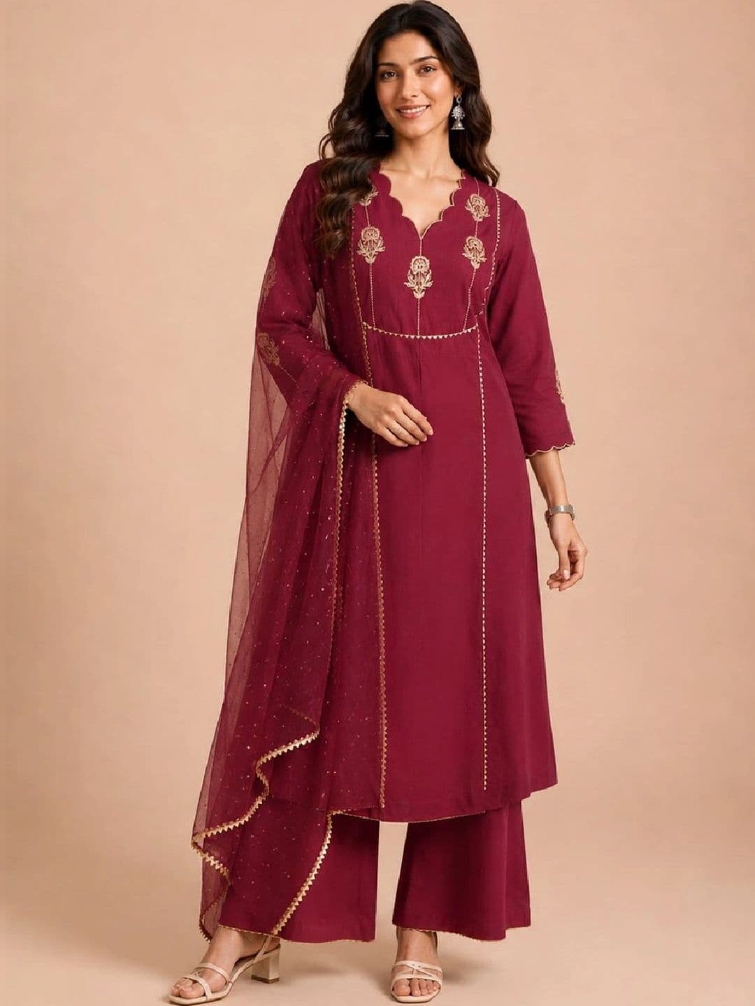 Varanga Women Ethnic Motifs Embroidered Regular Thread Work Kurta with Palazzos & With Dupatta - view 1