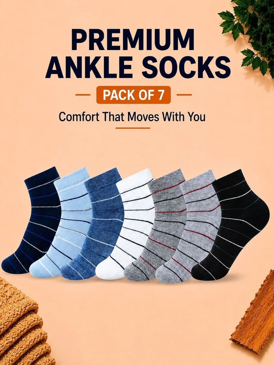 ADDOSSO Men Pack of 7 Cotton Assorted Striped Ankle Length Socks thumbnail 5