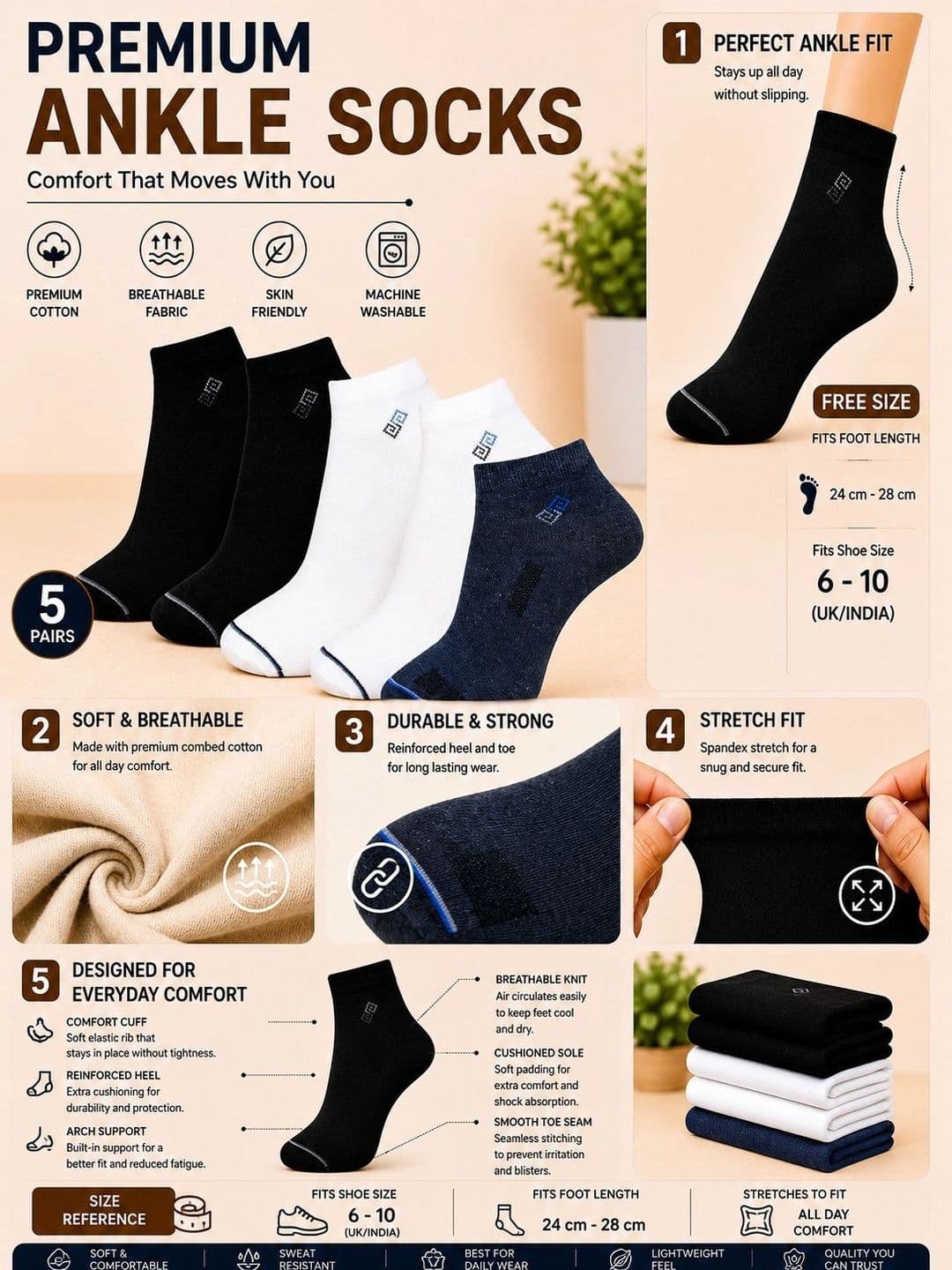 ADDOSSO Men Pack of 5 Cotton Assorted Ankle Length Socks thumbnail 4