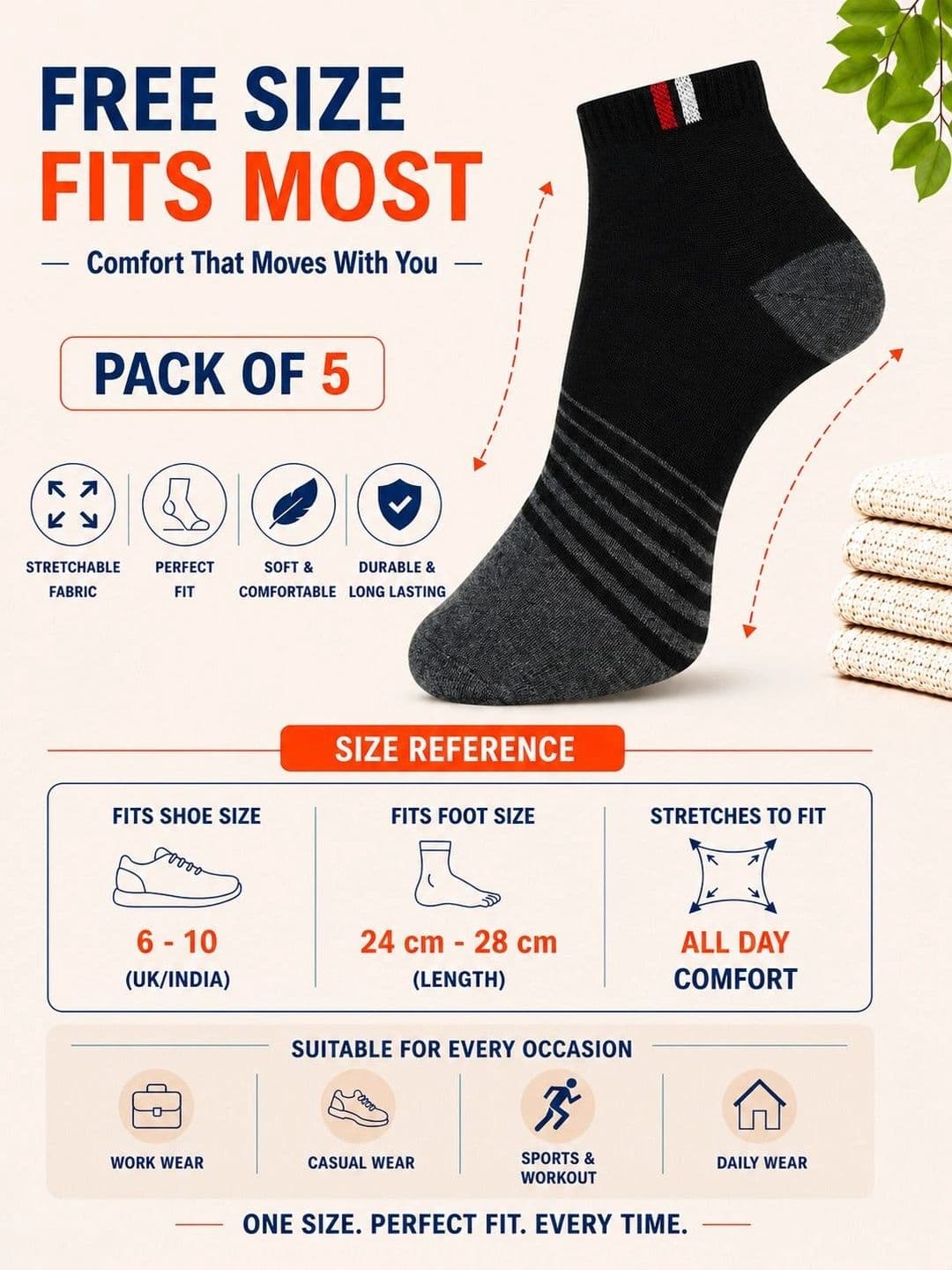 ADDOSSO Men Pack of 5 Cotton Assorted Striped Ankle Length Socks thumbnail 2