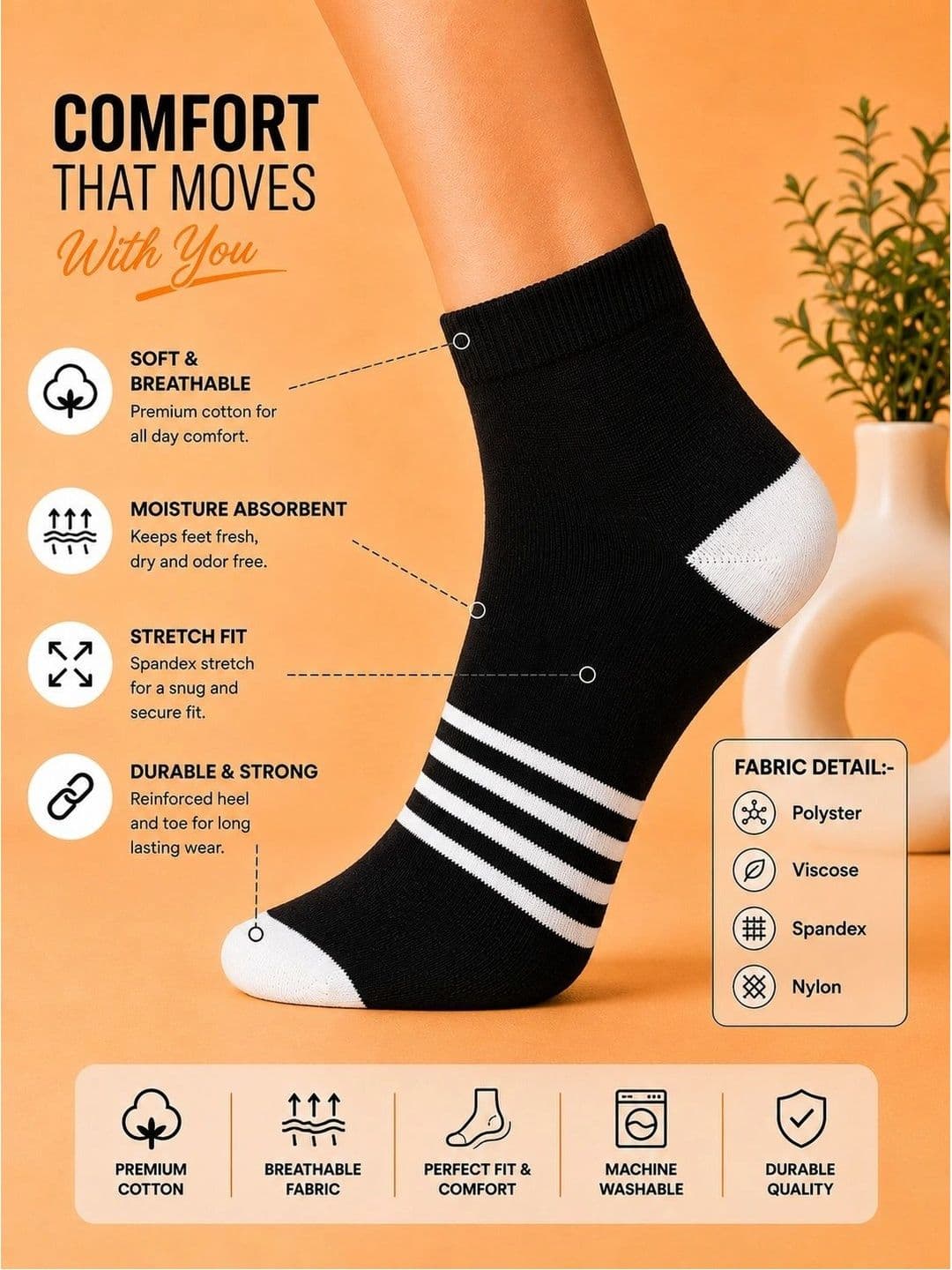 ADDOSSO Men Pack of 3 Cotton Assorted Striped Ankle Length Socks thumbnail 5