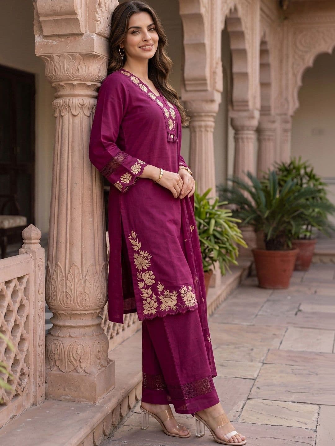 Sangria Women Ethnic Motifs Embroidered Regular Thread Work Pure Cotton Kurta with Palazzos & With Dupatta thumbnail 7