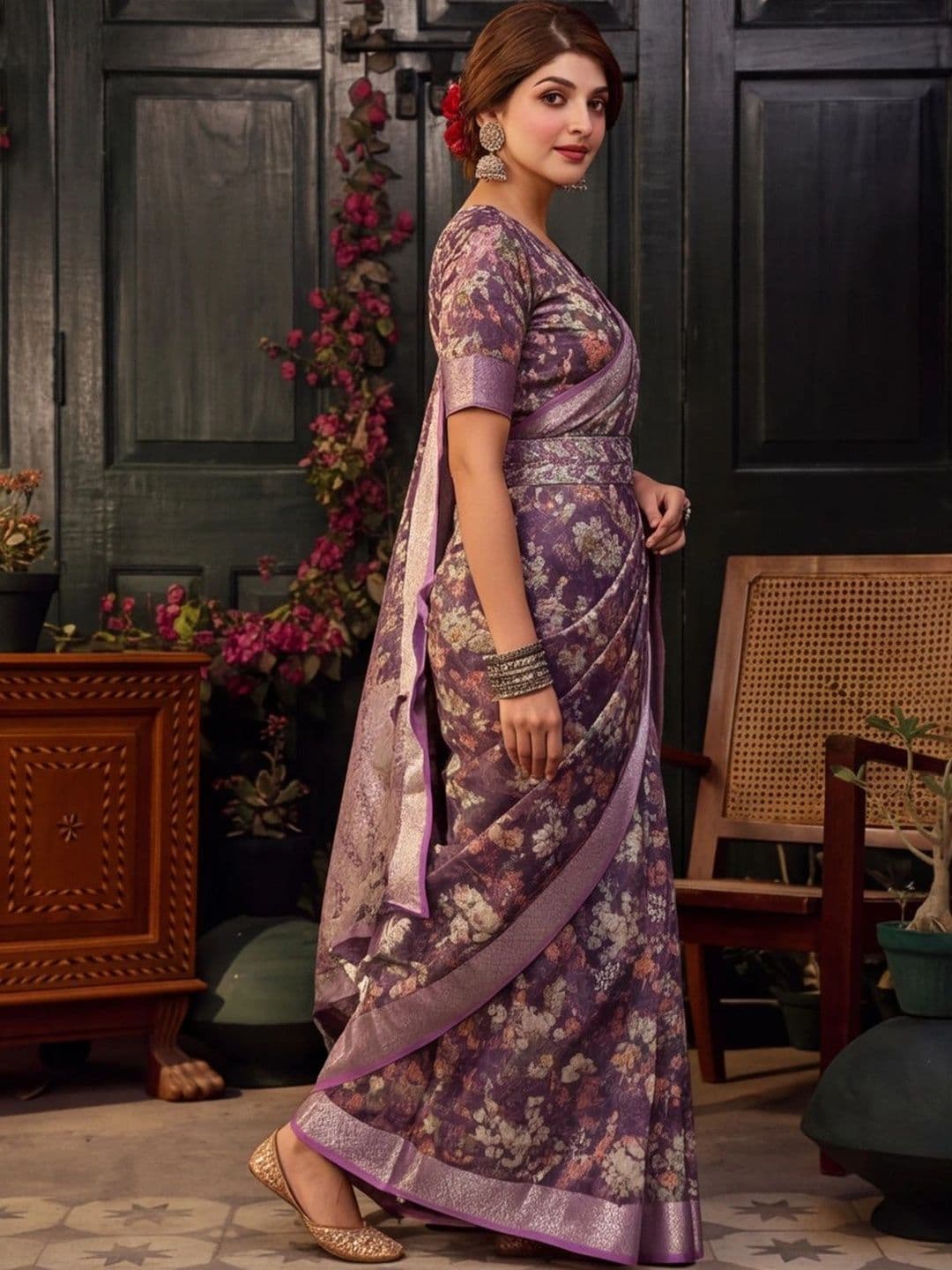 Mitera Floral Zari Silk Cotton Fusion Saree thumbnail 4