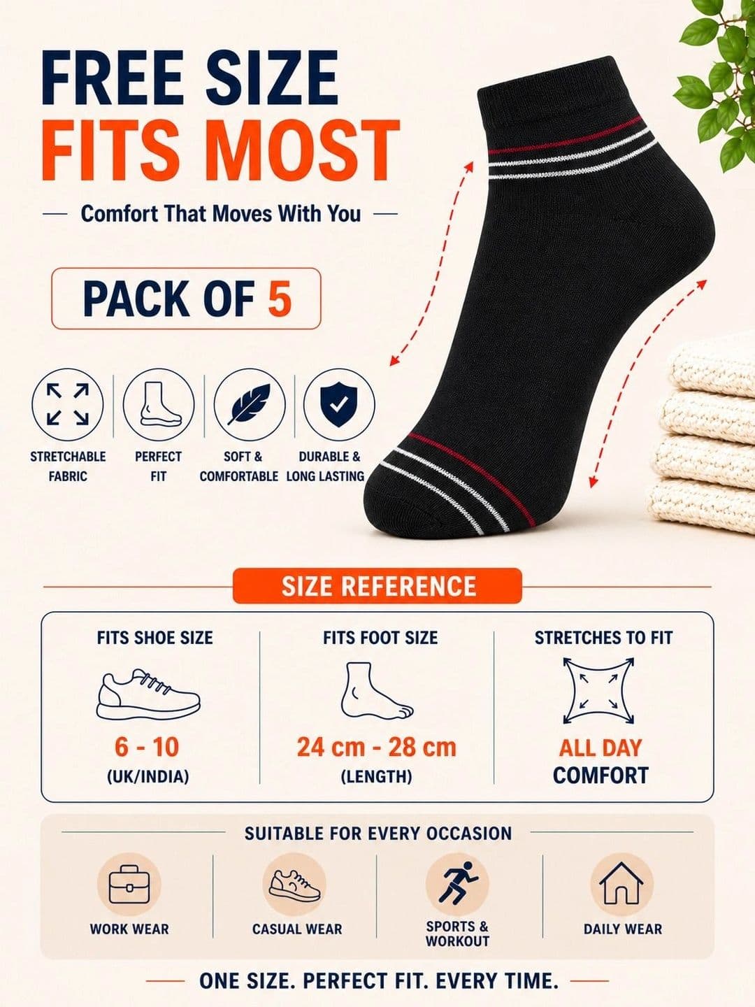 ADDOSSO Men Pack of 5 Cotton Assorted Striped Ankle Length Socks thumbnail 3