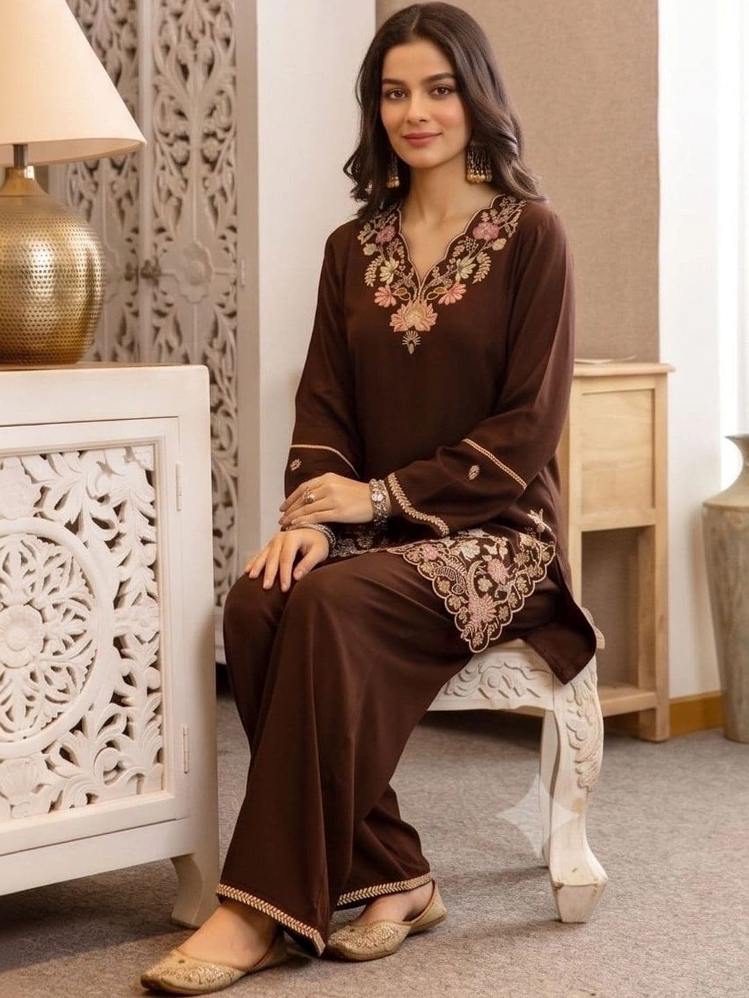 AurexWear Women Ethnic Motifs Embroidered Regular Thread Work Pure Cotton Kurta with Palazzos thumbnail 6