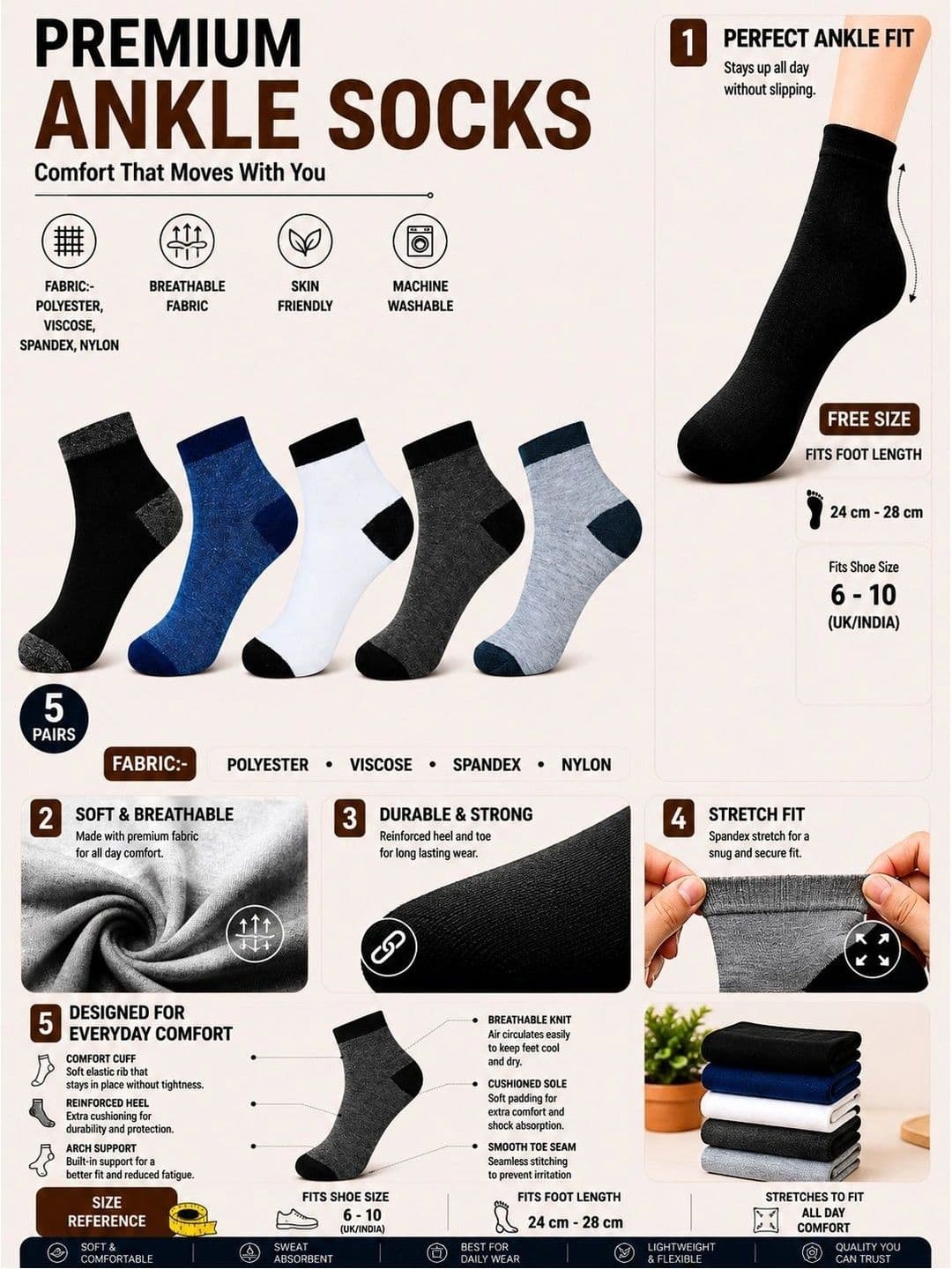 ADDOSSO Men Pack of 5 Cotton Assorted Colourblocked Ankle Length Socks thumbnail 3