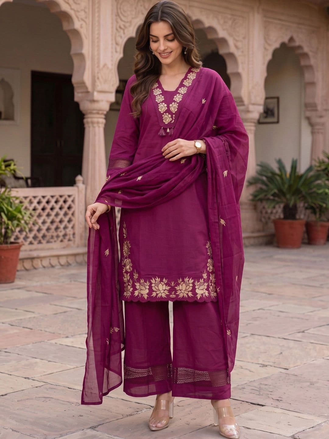 Sangria Women Ethnic Motifs Embroidered Regular Thread Work Pure Cotton Kurta with Palazzos & With Dupatta thumbnail 6