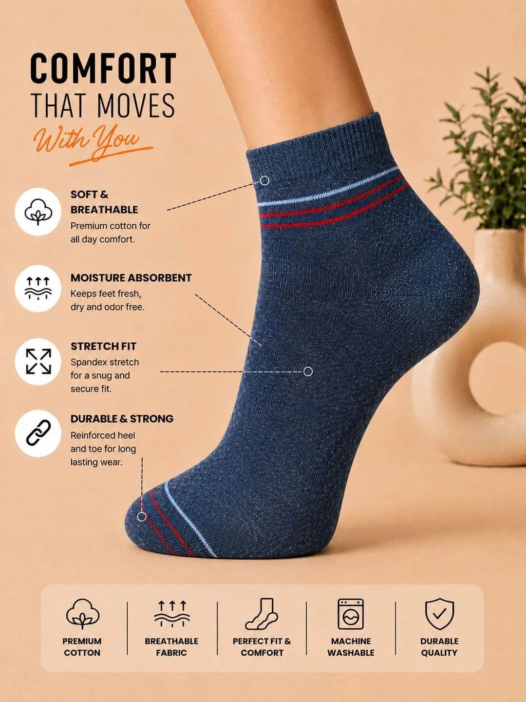 ADDOSSO Men Pack of 5 Cotton Assorted Striped Ankle Length Socks thumbnail 5