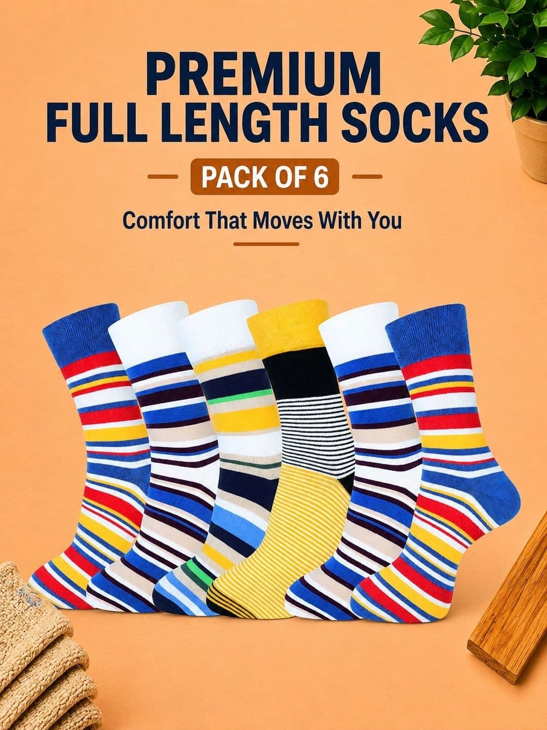 ADDOSSO Men Pack of 6 Cotton Assorted Striped Calf Length Socks thumbnail 5