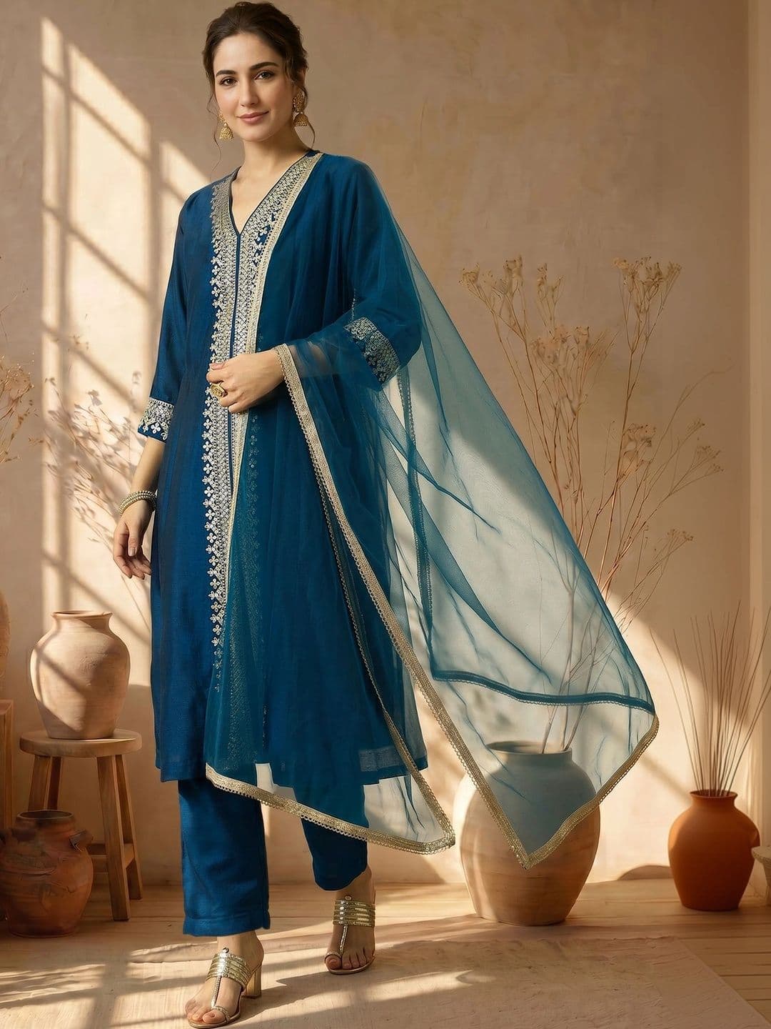 AVANSHEE Women Ethnic Motifs Embroidered Regular Kurta with Trousers & With Dupatta - view 1