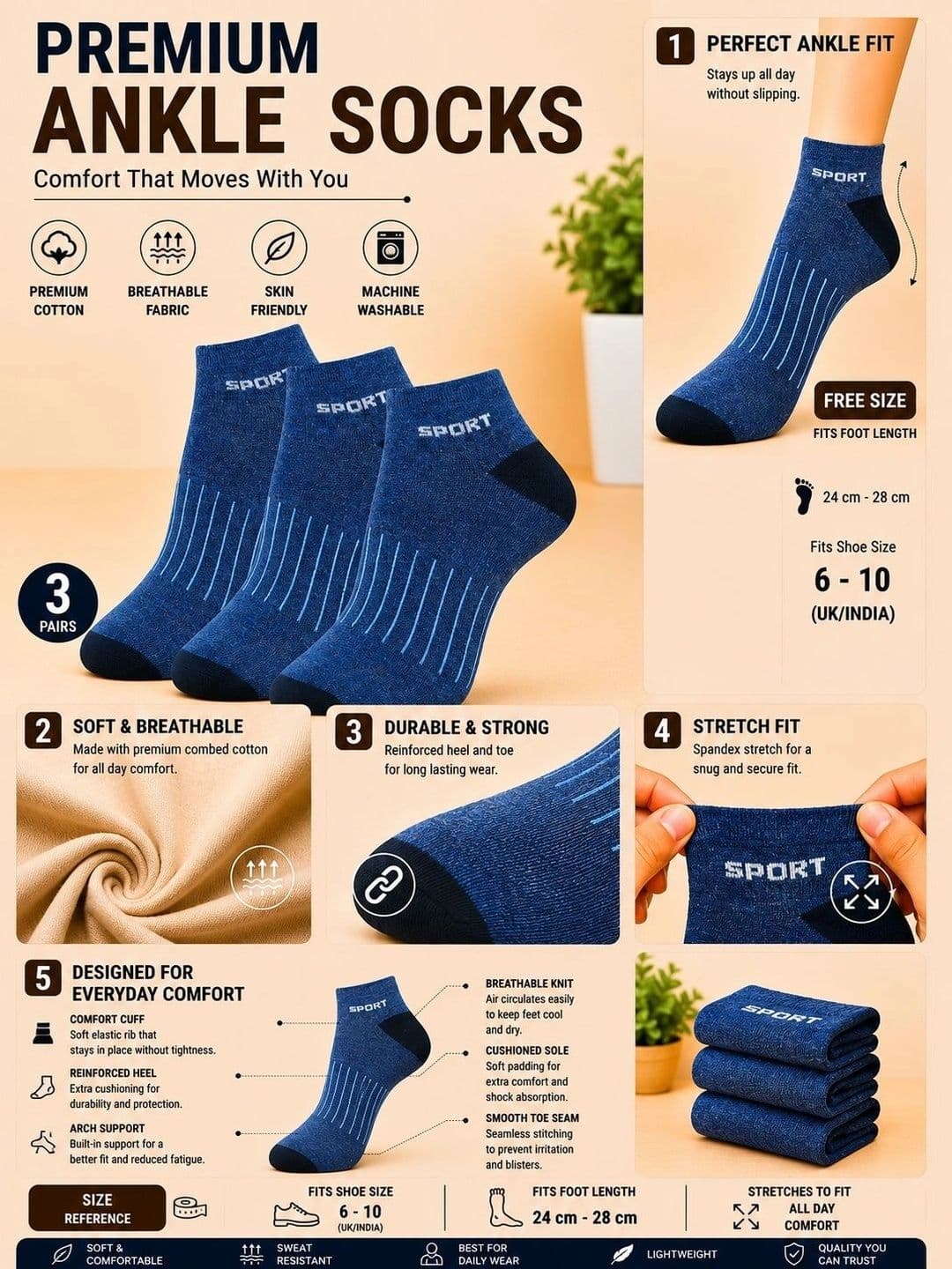ADDOSSO Men Pack of 3 Cotton Assorted Patterned Ankle Length Socks thumbnail 3